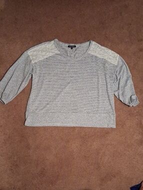 Light Gray Striped Lace-Shoulder V-Neck Top